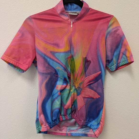 Vintage Pace Sportswear Colorful Tie Dye Floral Women's Cycling Jersey Top sz M - Picture 2 of 10